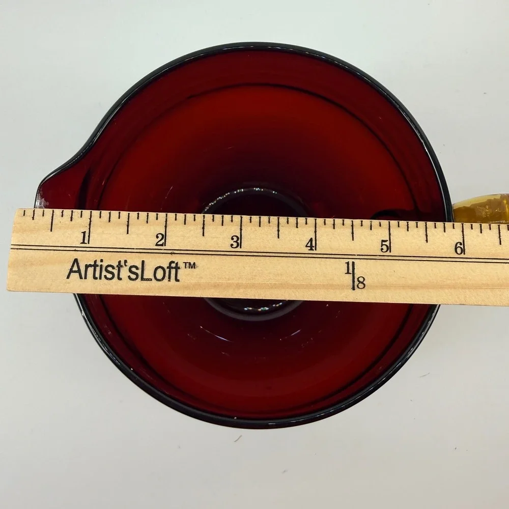 Vintage‎ Hand Blown Ruby Red Glass Pitcher Applied Amber Handle Mid Century